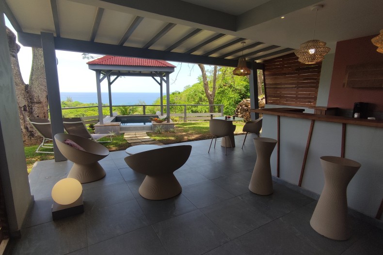 La terrasse avec une vue dans le jardin avec la piscine privée